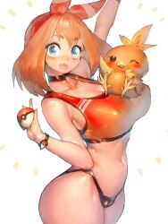 Rule 34 | 1girl, bandana, bare shoulders, black panties, blue eyes, blush, bracelet, breasts, brown hair, clothed pokemon, collarbone, covered erect nipples, cowboy shot, creatures (company), crop top, fumio (rsqkr), game freak, gen 3 pokemon, highres, holding, holding poke ball, jewelry, large breasts, looking at viewer, may (pokemon), medium hair, navel, nintendo, open mouth, panties, poke ball, poke ball (basic), pokemon, pokemon (creature), pokemon oras, shiny skin, simple background, sleeveless, smile, solo, sports bra, standing, torchic, underwear, white background