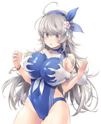 Rule 34 | 1girl, 1other, ahoge, blue one-piece swimsuit, blush, bracelet, grabbing another&#039;s breast, breasts, commentary request, competition swimsuit, covered navel, deep skin, embarrassed, flower, gloves, gluteal fold, grabbing, grabbing from behind, grey hair, groin, groping, hair flower, hair ornament, hairband, highleg, highleg swimsuit, highres, jewelry, kantai collection, large breasts, long hair, one-piece swimsuit, open mouth, sakana (flame sakana), simple background, solo, striped, sweat, swimsuit, vertical stripes, washington (kancolle), white background, white gloves