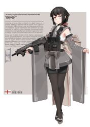 Rule 34 | 1girl, absurdres, black hair, character name, character profile, choker, contrapposto, detached sleeves, facial tattoo, flag, full body, highres, holding, holding weapon, japanese clothes, kenjuu kiri, long hair, looking at viewer, military, nusisring tactical, obi, original, pantyhose, sandals, sash, sleeveless, smile, solo, standing, tabi, tactical clothes, tattoo, vectorek, weapon, weapon request, yellow eyes