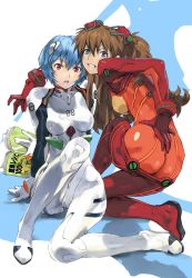 Rule 34 | 2girls, aqua hair, ass, ayanami rei, blue background, blue eyes, book, breasts, brown hair, clenched teeth, covered erect nipples, full body, hair between eyes, hair ornament, hand on own ass, highres, interface headset, long hair, looking at viewer, looking back, medium breasts, multiple girls, neon genesis evangelion, on one knee, open mouth, plugsuit, red eyes, scowl, see-through, short hair, sitting, skin tight, souryuu asuka langley, squatting, surprised, teeth, twintails, two side up, upper teeth only, v-shaped eyebrows, white background, wide-eyed, yasuda akira