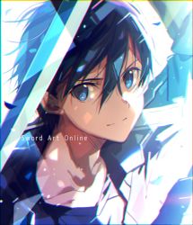Rule 34 | 1boy, black hair, blue eyes, closed mouth, collarbone, commentary request, copyright name, hair between eyes, kirito, male focus, ogura ari, short hair, smile, solo, sword, sword art online, upper body, weapon