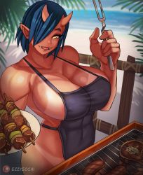 Rule 34 | 1girl, apron, areola slip, barbecue, beach, blue hair, breasts, elf-san wa yaserarenai., ezzydraws, fang, hair over one eye, highres, horns, large breasts, looking at viewer, monster girl, muscular, muscular female, naked apron, oga (elf-san wa yaserarenai.), oni, pointy ears, sideboob, solo, tan, tanline
