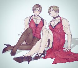 Rule 34 | 2boys, ada wong, ada wong (cosplay), an chovy, anger vein, animal print, bare shoulders, biceps, blue eyes, blush, brown hair, butterfly print, collar, cosplay, crossdressing, curtained hair, dress, dual persona, high heels, highres, leg holster, leon s. kennedy, male focus, multiple boys, muscular, muscular male, pantyhose, pectoral cleavage, pectorals, red dress, resident evil, resident evil 2, resident evil 2 (remake), resident evil 4, resident evil 4 (remake), sitting