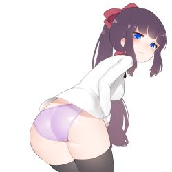 Rule 34 | 13o, 1girl, ass, bent over, black thighhighs, blue eyes, blunt bangs, blush, breasts, closed mouth, frown, hair ribbon, highres, large breasts, legs together, lips, long hair, long sleeves, looking at viewer, looking back, new game!, no pants, panties, ponytail, purple hair, purple panties, red ribbon, ribbon, shirt, sidelocks, simple background, takimoto hifumi, thighhighs, thighs, underwear, white shirt