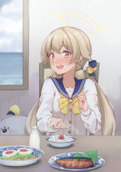 Rule 34 | 1girl, blue archive, blue sailor collar, blush, bottle, bow, bowl, cardigan, chopsticks, cloud, cloudy sky, egg (food), fish (food), food, giving food, hair bow, hair flaps, halo, hifumi (blue archive), highres, huan (hao7551789), indoors, light brown hair, long hair, looking at viewer, low twintails, milk bottle, neckerchief, ocean, open mouth, peroro (blue archive), plate, rice bowl, sailor collar, school uniform, sky, solo, sweatdrop, table, twintails, white cardigan, window, yellow eyes, yellow neckerchief