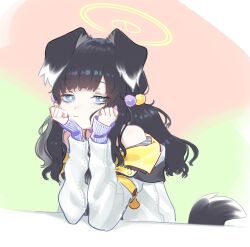 Rule 34 | 1girl, animal ears, bare shoulders, black hair, blue archive, blue eyes, dog ears, dog girl, dog tail, hair bobbles, hair ornament, halo, hands on own cheeks, hands on own face, head rest, hibiki (blue archive), hibiki (cheer squad) (blue archive), highres, jacket, long hair, long sleeves, looking at viewer, millennium cheerleader outfit (blue archive), off shoulder, s2j00, sleeves past wrists, solo, tail, twintails, upper body, white jacket, yellow halo