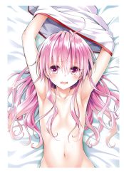 Rule 34 | 1girl, absurdres, ahoge, areola slip, armpits, arms up, blush, clothes lift, collarbone, convenient censoring, eyebrows, fang, flat chest, hair between eyes, hair censor, hair over breasts, highres, long hair, nana asta deviluke, navel, nude, official art, open mouth, out-of-frame censoring, pink eyes, pink hair, shirt, shirt lift, solo, tears, to love-ru, undressing, upper body, yabuki kentarou