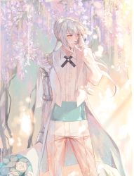 Rule 34 | airgetlam (fate), as you wish (fate), bedivere (fate), blouse, bouquet, cross tie, fate/grand order, fate (series), flower, formal, green eyes, grey hair, heroic spirit formal dress, long hair, pale color, pastel colors, prosthesis, prosthetic arm, purple flower, rose, shirt, suit, white flower, white rose, white shirt, white suit, wisteria, yepnean