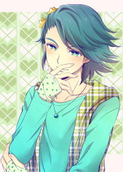 Rule 34 | 1boy, black hair, blush, collarbone, flipped hair, green eyes, green shirt, green theme, hair ornament, hand on own chin, hand on own shoulder, heart, highres, jewelry, kamen rider, kamen rider w, long sleeves, looking at viewer, male focus, necklace, philip, philip (kamen rider), plaid, plaid vest, polka dot, shirt, short hair, smile, solo, star (symbol), vest, yukihira