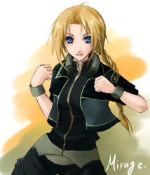 Rule 34 | 1girl, ahoge, black jacket, black shirt, blonde hair, blue eyes, bracelet, braid, breasts, character name, clenched hand, clenched hands, closed mouth, facing viewer, fighting stance, hands up, happy, jacket, jewelry, large breasts, long hair, looking at viewer, mirage koas, shirt, short sleeves, smile, solo, standing, star ocean, star ocean till the end of time, upper body, vest