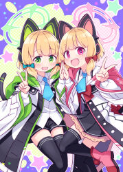 Rule 34 | 2girls, :d, animal ear headphones, animal ears, black shorts, black skirt, black thighhighs, blonde hair, blue archive, blue bow, blue necktie, blush, boots, bow, collared shirt, commentary request, fake animal ears, green eyes, hair bow, halo, harada (sansei rain), headphones, highres, jacket, long sleeves, looking at viewer, midori (blue archive), momoi (blue archive), multiple girls, necktie, off shoulder, open clothes, open jacket, open mouth, outline, palms together, pink eyes, pink footwear, pleated skirt, puffy long sleeves, puffy sleeves, red eyes, shirt, short necktie, short shorts, shorts, siblings, sidelocks, sisters, skirt, smile, suspender skirt, suspenders, thighhighs, thighhighs under boots, twins, v, white jacket, white outline, white shirt, wide sleeves