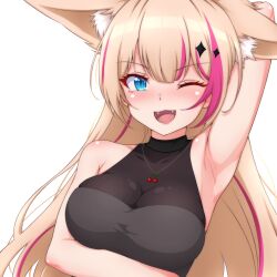 Rule 34 | 1girl, ;d, animal ear fluff, animal ears, arm behind head, armpits, blonde hair, blue eyes, breasts, fangs, highres, indie virtual youtuber, kureha mitra, long hair, looking at viewer, medium breasts, multicolored hair, one eye closed, open mouth, p-nekoe, pink hair, simple background, slit pupils, smile, solo, two-tone hair, upper body, virtual youtuber, white background