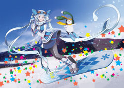 Rule 34 | 1girl, absurdly long hair, blue eyes, blue hair, blue skirt, boots, chris4708, coat, gloves, hatsune miku, long hair, matching hair/eyes, mountain, multicolored hair, pantyhose, scarf, skiing, skirt, snow, snowboard, snowboarding, solo, star (symbol), twintails, very long hair, vocaloid, white footwear, white gloves, white hair, winter clothes, winter coat, yuki miku, yukine (vocaloid), zipper