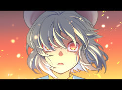 Rule 34 | 1girl, animal ears, embers, grey hair, letterboxed, looking at viewer, mouse ears, nayozane (worker7), nazrin, open mouth, orange background, portrait, red background, short hair, solo, sweat, touhou, wide-eyed, wind