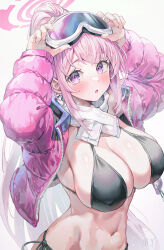 Rule 34 | 1girl, :o, arms up, bikini, black bikini, blue archive, blush, commentary, eimi (blue archive), eimi (swimsuit) (blue archive), goggles, goggles on head, highres, jacket, long sleeves, myung yi, navel, open clothes, open jacket, parted lips, pink eyes, pink hair, pink jacket, ponytail, scarf, solo, stomach, swimsuit, upper body, white scarf
