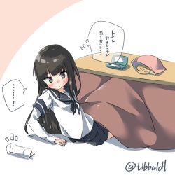 Rule 34 | !, ..., 10s, 1girl, ^^^, arm support, bad id, bad twitter id, bag of chips, black eyes, black hair, black skirt, blunt bangs, blush, bottle, chips (food), ebifurya, food, handheld game console, hatsuyuki (kancolle), highres, inactive account, kantai collection, kotatsu, long hair, long sleeves, multicolored background, school uniform, serafuku, sidelocks, sitting, skirt, snack, solo, speech bubble, spoken ellipsis, spoken exclamation mark, table, thought bubble, translated, twitter username, two-tone background
