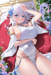 Rule 34 | 1girl, absurdres, arm under breasts, arm up, blue eyes, blue flower, blush, breasts, chain, commission, covered erect nipples, covered navel, cowboy shot, detached sleeves, dress, falling petals, flower, hair between eyes, hair flower, hair ornament, halter dress, halterneck, highres, large breasts, looking at viewer, lying, medium hair, on back, original, parted lips, pelvic curtain, petals, picture frame, pink flower, sideboob, solo, teeth, thighs, timy, white dress, white hair, white sleeves, wide sleeves