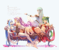 Rule 34 | 4girls, all fours, anklet, arabian clothes, armlet, ass, asymmetrical docking, azura (fire emblem), bare shoulders, barefoot, blue hair, blush, braid, breast press, breasts, character name, circlet, commentary request, couch, dancer, detached sleeves, dress, elbow gloves, closed eyes, fingerless gloves, fire emblem, fire emblem: genealogy of the holy war, fire emblem: the blazing blade, fire emblem awakening, fire emblem fates, fire emblem heroes, gloves, green hair, hair ornament, hairband, harem outfit, highres, jewelry, kurosawa tetsu, long hair, looking at viewer, low-tied long hair, medium breasts, midriff, multiple girls, navel, necklace, ninian, nintendo, olivia (fire emblem), open mouth, panties, pink eyes, pink hair, ponytail, sandals, shawl, grey eyes, silver hair, silvia (fire emblem), simple background, single thighhigh, smile, stomach, thighhighs, toes, trait connection, twin braids, twintails, underwear, veil, very long hair, white legwear, yellow eyes