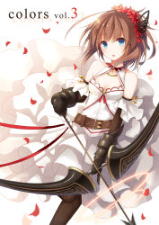 Rule 34 | 1girl, bad id, bad pixiv id, blue eyes, bow (weapon), breasts, brown hair, cleavage, cover, cover page, dress, gauntlets, hair ornament, highres, holding, long hair, looking at viewer, medium breasts, original, pantyhose, petals, solo, weapon, white dress, wind, yon (letter)