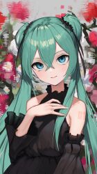 Rule 34 | 1girl, absurdres, bare shoulders, black dress, black ribbon, black sleeves, blue eyes, collar, commentary, detached sleeves, double-parted bangs, dress, expressionless, frilled collar, frilled sleeves, frills, green hair, hair between eyes, hair ribbon, hand on own chest, hand up, hatsune miku, highres, long hair, long sleeves, looking at viewer, miku day, number tattoo, reon (98109reon), ribbon, shoulder tattoo, sidelocks, sleeveless, sleeveless dress, solo, tattoo, twintails, upper body, very long hair, vocaloid