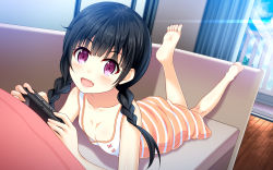 Rule 34 | 10s, 1girl, barefoot, black hair, blush, fang, feet, flat chest, fuyu urara, handheld game console, highres, legs up, long hair, looking at viewer, lying, momohara natsuki, on stomach, one room, open mouth, playing games, playstation vita, purple eyes, smile, soles, solo, the pose, toes, twintails