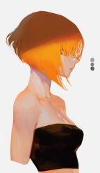 Rule 34 | 1girl, bob cut, breasts, cleavage, closed mouth, cropped legs, inverted bob, orange hair, original, pigeon666, profile, simple background, solo, strapless, tube top, upper body, white background