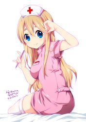 Rule 34 | 1girl, arm up, bad id, bad pixiv id, bed, bed sheet, blonde hair, blue eyes, blush, breasts, cross, eyebrows, from behind, hair between eyes, hat, holding, holding pencil, k-on!, kotobuki tsumugi, long hair, looking at viewer, looking back, name tag, nurse, nurse cap, official style, pencil, ragho no erika, red cross, sidelocks, simple background, sitting, smile, solo, thighhighs, uniform, very long hair, white background, white thighhighs, zettai ryouiki
