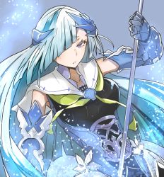 Rule 34 | 1girl, absurdres, blue fire, brynhildr (fate), fate/prototype, fate/prototype: fragments of blue and silver, fate (series), fire, gauntlets, gin moku, hair over one eye, highres, holding, holding weapon, long hair, polearm, purple eyes, silver hair, solo, spear, very long hair, weapon