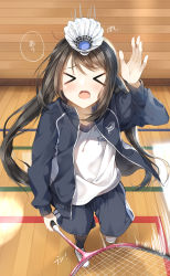 Rule 34 | &gt; &lt;, 1girl, absurdres, arm up, badminton racket, black hair, black jacket, black shorts, black socks, blush, closed eyes, facing viewer, full body, gym shirt, gym shorts, gym uniform, highres, holding, indoors, jacket, kneehighs, long hair, long sleeves, open clothes, open jacket, open mouth, original, pentagon (railgun ky1206), racket, shirt, shoes, shorts, shuttlecock, sneakers, socks, solo, speed lines, standing, standing on one leg, track jacket, translated, twintails, very long hair, wavy mouth, white footwear, white shirt, xo