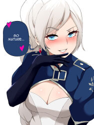 Rule 34 | 1girl, blue eyes, blush, braid, braided ponytail, breasts, cleavage, commentary, english commentary, english text, gloves, grin, hand up, heart, highres, lainart, long hair, looking at viewer, medium breasts, rwby, scar, scar across eye, shrug (clothing), simple background, smile, solo, speech bubble, spoken heart, teeth, upper body, weiss schnee, white background, white hair