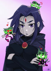 Rule 34 | 1boy, 1girl, absurdres, beast boy (dc), breasts, cape, chibi, colored skin, covered erect nipples, dc comics, delux drawings, demon, forehead jewel, green skin, grey skin, heart, heart-shaped pupils, highres, large breasts, leotard, nipples, purple eyes, purple hair, raven (dc), short hair, symbol-shaped pupils, teen titans, teen titans go!