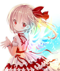 Rule 34 | 1girl, alternate costume, blonde hair, bracelet, detached collar, dress, flandre scarlet, givuchoko, hair ribbon, highres, jewelry, layered dress, looking at viewer, red dress, red eyes, red ribbon, ribbon, side ponytail, smile, solo, touhou, upper body, wings