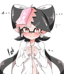 Rule 34 | + +, 1girl, black hair, brown eyes, callie (splatoon), closed mouth, commentary, covering breasts, covering privates, crying, crying with eyes open, dress shirt, earrings, fang, food, food on head, frown, highres, inkling, jewelry, long hair, long sleeves, looking at viewer, mask, mole, mole under eye, motion lines, navel, nintendo, object on head, pointy ears, shirt, simple background, solo, standing, sukeo (nunswa08), sushi, sweat, tears, very long hair, white background, white shirt, wing collar