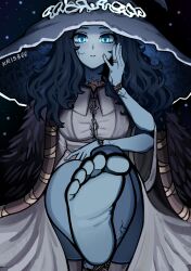 Rule 34 | bare legs, barefoot, blue eyes, breasts, elden ring, feet, krisbee, large breasts, legs, long hair, looking at viewer, no shoes, non-web source, ranni the witch, sitting, soles, toes