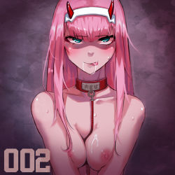 Rule 34 | 10s, 1girl, absurdres, aqua eyes, bang5410, blush, breasts, collar, collarbone, cum, cum in mouth, cum on body, cum on breasts, cum on upper body, cumdrip, darling in the franxx, eyebrows, eyelashes, fantasy, female focus, highres, horns, leash, licking lips, lips, long hair, looking at viewer, nipples, pink hair, small breasts, solo, sweat, tongue, tongue out, zero two (darling in the franxx)