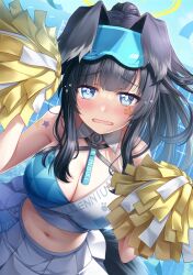 Rule 34 | 1girl, animal ears, bare shoulders, blue archive, blush, breasts, cheerleader, cleavage, dog ears, dog girl, dog tail, eyewear on head, goggles, goggles on head, halo, hibiki (blue archive), hibiki (cheer squad) (blue archive), holding, holding pom poms, izumi akane, large breasts, long hair, looking at viewer, midriff, millennium cheerleader outfit (blue archive), navel, official alternate costume, open mouth, pom pom (cheerleading), pom poms, revision, solo, sticker on arm, sticker on face, stomach, tail