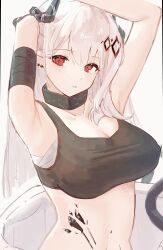 Rule 34 | 1girl, arknights, armpits, arms up, bandaged arm, bandages, black tank top, breasts, cleavage, demon girl, demon horns, hair ornament, highres, horns, infection monitor (arknights), large breasts, long hair, looking at viewer, material growth, mgmg cc211, midriff, mudrock (arknights), oripathy lesion (arknights), red eyes, simple background, solo, tank top, white background, white hair