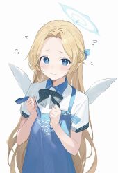 Rule 34 | 1girl, angel&#039;s 24 uniform (blue archive), apron, black bow, black bowtie, blonde hair, blue apron, blue archive, blue eyes, blue halo, blush, bow, bowtie, clenched hands, closed mouth, commentary request, embarrassed, flying sweatdrops, forehead, furrowed brow, halo, highres, long hair, looking at viewer, polo shirt, shirt, short sleeves, simple background, solo, sora (blue archive), soybean (hisoybean), strap slip, striped bow, striped bowtie, striped clothes, sweatdrop, tareme, upper body, white background, white shirt, white wings, wings