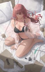 Rule 34 | 1girl, absurdres, bare shoulders, bed sheet, black bra, black panties, blue eyes, blush, bra, breasts, brown hair, cleavage, collarbone, crumpled paper, feet, free style (yohan1754), frilled pillow, frills, highres, ink bottle, ink well, large breasts, letter, long hair, looking at viewer, navel, off shoulder, on bed, one eye closed, original, panties, paper, pillow, quill, red hair, see-through, see-through shirt, sitting, solo, stomach, thighs, underwear, wariza