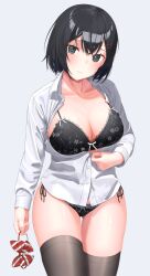 Rule 34 | 1girl, absurdres, black bra, black eyes, black hair, black panties, bow, bowtie, bra, breasts, brown thighhighs, collared shirt, dress shirt, hair ornament, hairclip, highres, holding, holding bow (ornament), kiaoekakishitai, lace, lace-trimmed bra, lace trim, large breasts, long sleeves, looking at viewer, open clothes, open shirt, original, panties, red bow, red bowtie, school uniform, shirt, short hair, side-tie panties, simple background, solo, tearing up, thighhighs, underwear, white background, white shirt, wing collar