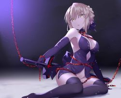 Rule 34 | 100, 100percent park, 1girl, arm support, armpits, artoria pendragon (all), artoria pendragon (fate), bare shoulders, black background, black dress, black gloves, black thighhighs, blonde hair, blue bow, bow, braid, breasts, chain, cleavage, commentary request, dress, elbow gloves, excalibur morgan (fate), fate/grand order, fate (series), gloves, hair bow, head tilt, highres, holding, holding sword, holding weapon, light particles, looking at viewer, medium breasts, negative space, no panties, no shoes, parted lips, saber alter, short dress, short hair, sideboob, sidelocks, sitting, solo, sword, thighhighs, weapon, yellow eyes, yokozuwari