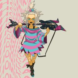 Rule 34 | 1girl, bass guitar, bike shorts, blue eyes, boots, bra strap, character name, creatures (company), dress, evilstaplers, forehead, freckles, game freak, gym leader, hair bobbles, hair ornament, highres, instrument, looking at viewer, nintendo, pokemon, pokemon bw2, roxie (pokemon), solo, strapless, strapless dress, striped clothes, striped dress, topknot, white hair