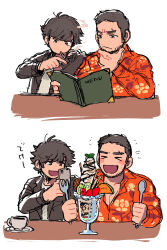 Rule 34 | &gt; &lt;, 2boys, :d, beard, black hair, blush stickers, character request, cigarette, coffee cup, copyright request, cup, disposable cup, eyebrow cut, facial hair, happy, hawaiian shirt, highres, holding, holding spoon, husagin, male focus, mature male, menu, multiple boys, open mouth, parfait, partially unbuttoned, pectoral cleavage, pectorals, phone, restaurant, shirt, short hair, sketch, smile, smoking, spoon, stroking beard, thick eyebrows, thinking, upper body