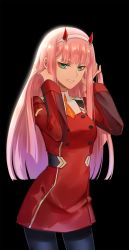 Rule 34 | 10s, 1girl, black background, black pants, black pantyhose, blunt bangs, cowboy shot, darling in the franxx, dress, floating hair, green eyes, grin, hairband, hands in hair, highres, horns, huazha01, long hair, looking at viewer, military, military uniform, necktie, orange necktie, pants, pantyhose, pink hair, red dress, short dress, short necktie, simple background, smile, solo, uniform, very long hair, white hairband, zero two (darling in the franxx)