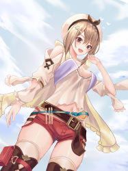Rule 34 | 1girl, :d, absurdres, arm up, atelier (series), atelier ryza, atelier ryza 1, bad id, bad pixiv id, belt, blush, boots, breasts, brown eyes, brown hair, cloud, cup6542, day, flask, hair between eyes, hair ornament, hairclip, hat, highres, looking at viewer, medium breasts, navel, open mouth, outdoors, pouch, red shorts, reisalin stout, round-bottom flask, shirt, short hair, short shorts, shorts, sidelocks, sky, smile, solo, thick thighs, thigh boots, thighhighs, thighs, white hat, white shirt, white thighhighs