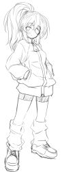 Rule 34 | 1girl, bad id, bad pixiv id, bike shorts, greyscale, hands in pockets, monochrome, simple background, solo, white background, yu-ves