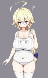 Rule 34 | 1girl, ?, absurdres, ahoge, bare shoulders, blazblue, blonde hair, blue bow, blue eyes, blush, bow, braid, breasts, character name, cleavage, collarbone, covered navel, curvy, es (xblaze), grey background, hair between eyes, hair bow, highres, huge ahoge, huge breasts, legs together, long hair, looking at viewer, one-piece swimsuit, oppai loli, plump, sawati, school swimsuit, sidelocks, simple background, single braid, skindentation, solo, swimsuit, thick thighs, thigh gap, thighs, white legwear, white one-piece swimsuit, xblaze, xblaze code: embryo