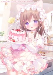 Rule 34 | 1girl, animal ears, bell, blush, brown hair, cake, cat ears, choker, commentary request, dress, flower, food, food-themed hair ornament, frilled dress, frills, hair bell, hair flower, hair ornament, hairclip, holding, holding plate, indoors, jingle bell, kitchen, long hair, long sleeves, looking at viewer, melonbooks, neck bell, open mouth, original, piyodera mucha, plate, purple eyes, solo, strawberry hair ornament, white choker