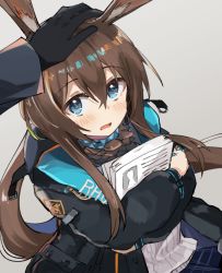 Rule 34 | 1girl, 1other, amiya (arknights), animal ears, arknights, black gloves, black jacket, blue eyes, brown hair, doctor (arknights), gloves, grey background, hair between eyes, hand on another&#039;s head, headpat, highres, holding, holding paper, hood, hooded jacket, infection monitor (arknights), jacket, jewelry, long hair, multiple rings, neck ring, open clothes, open jacket, open mouth, paper, rabbit ears, ring, shiduki eku, simple background, thumb ring, upper body