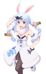 Rule 34 | 1girl, animal ears, black gloves, black leotard, black pantyhose, blue hair, braid, carrot hair ornament, coat, commentary request, feet out of frame, food-themed hair ornament, gloves, hair ornament, hikimayu, hololive, leotard, long hair, multicolored hair, nao (nao eg), pantyhose, rabbit ears, rabbit girl, red eyes, salute, short eyebrows, sidelocks, simple background, solo, strapless, strapless coat, strapless leotard, swept bangs, thick eyebrows, twin braids, twintails, two-tone hair, usada pekora, usada pekora (1st costume), virtual youtuber, white background, white coat, white hair